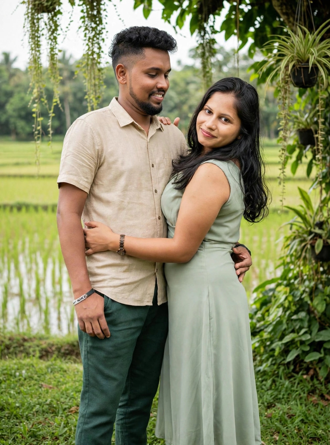 Couple standing together in a green garden