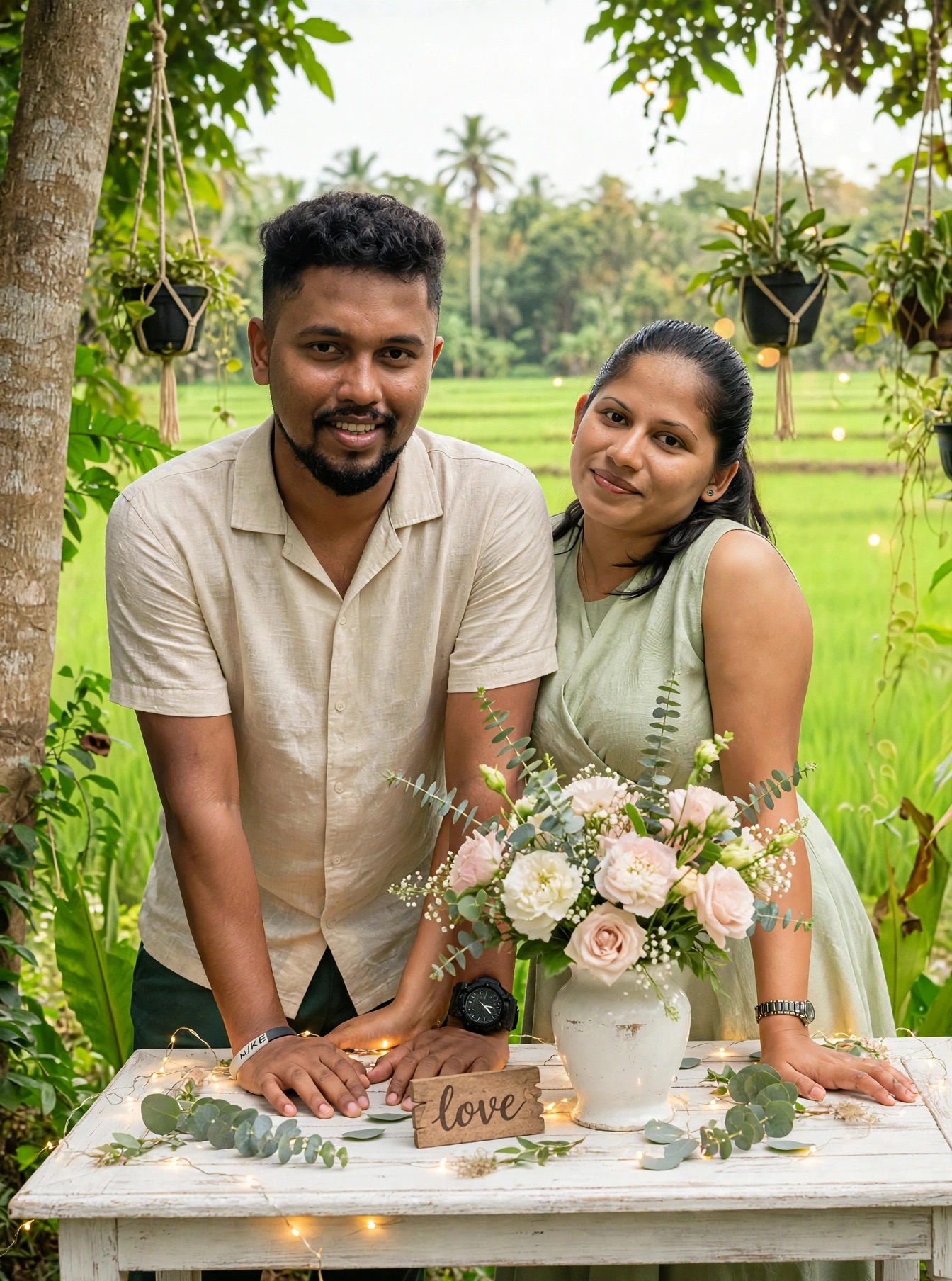 Couple together beside flowers